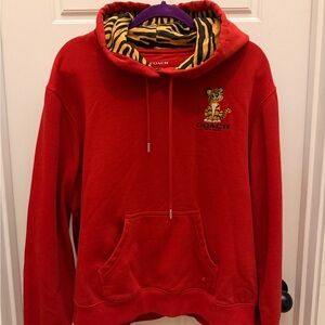 Coach Red Crewneck Hoodie with Tiger Patch and Striped Hood Lining